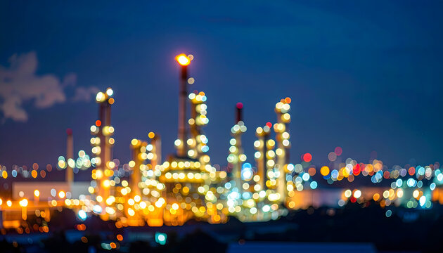 Oil refinery plant showing bright glowing lights at night with a blurred bokeh effect for industrial energy power concepts