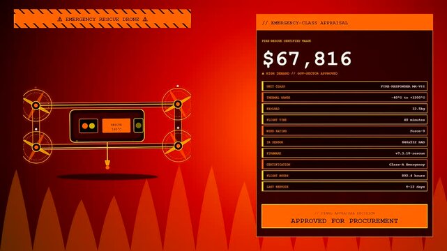 A drone appraisal interface displays emergency rescue unit diagnostics with changing monetary values and procurement status on a vibrant deep red glowing backdrop in motion
