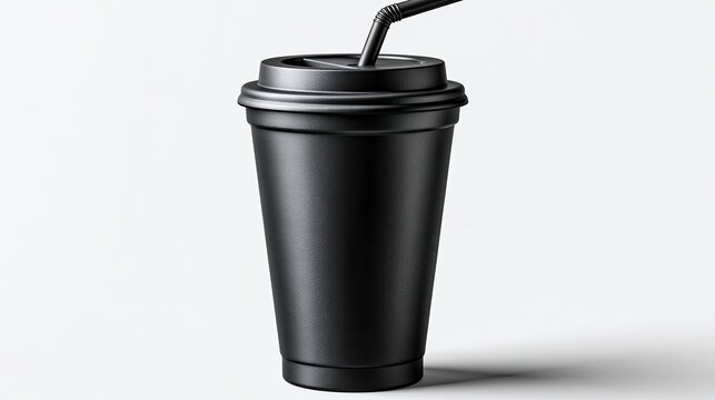 Black Disposable Coffee Cup with Lid on White Background.