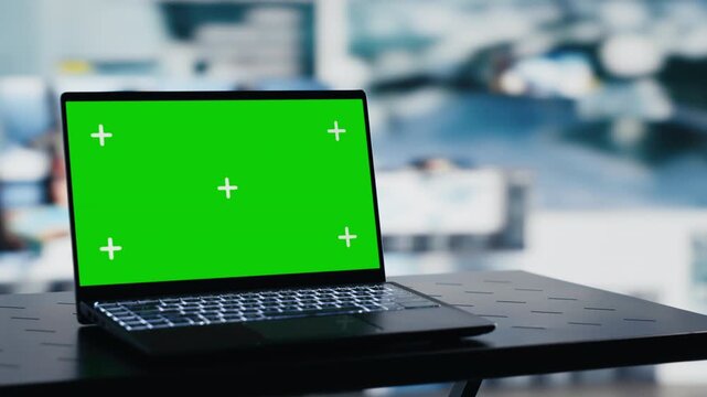 Chroma key laptop operates inside an army command center, offering editable display space beside defense tactics, satellite data and strategic mission planning.