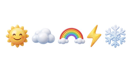Obraz premium Set of 3D weather icons sun cloud rainbow lightning snowflake