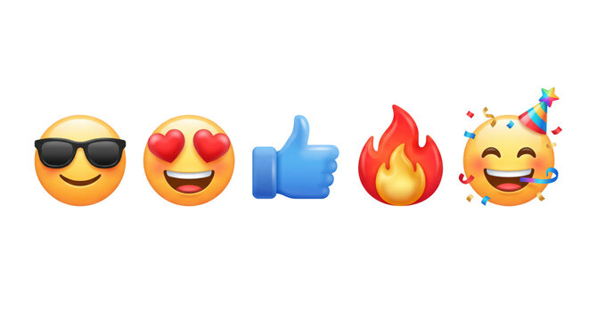 Set of popular reaction emoji icons cool heart eyes thumbs up fire party