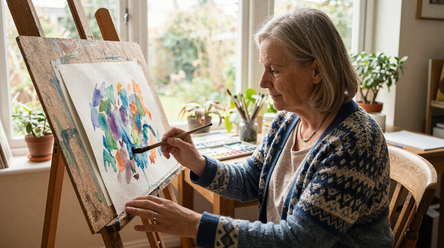 Elderly woman painting with watercolors at an easel in a bright room
