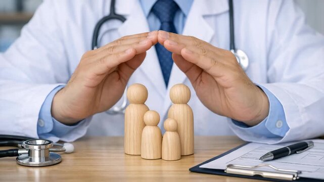 Doctor shields wooden family figurine with hands. Medical professional gestures care and protection. Stethoscope and clipboard rest nearby. Wooden family represents health, safety, and support