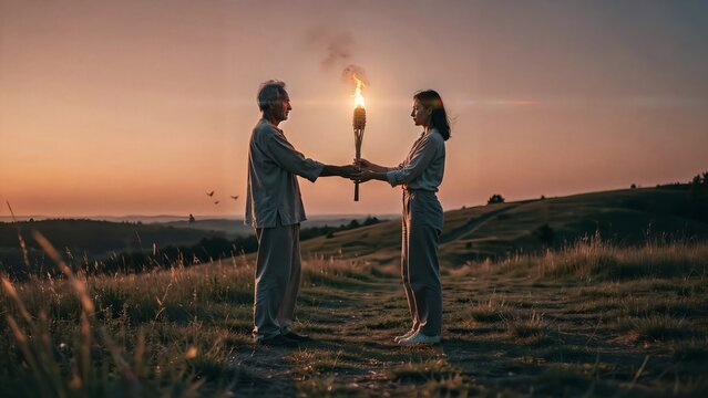 Ederly man passing a burning torch to a young woman during a beautiful golden hour sunset outdoors
