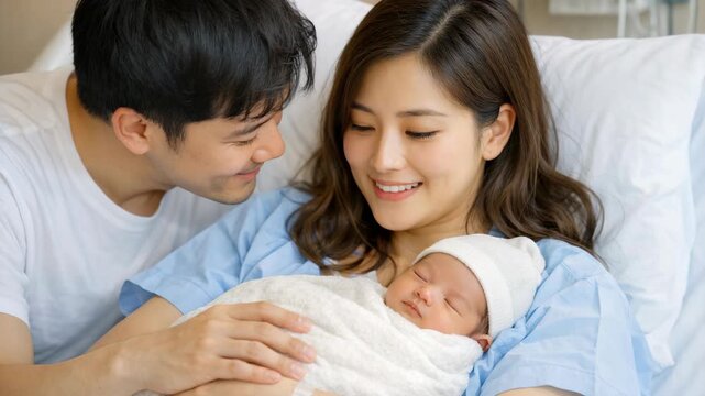Couple smiling and holding their baby in the hospital
