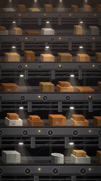 Factory Conveyor Belt Moving Cardboard Boxes On Industrial Production Line Seamless Loop in cool orange tones vertical 9:16