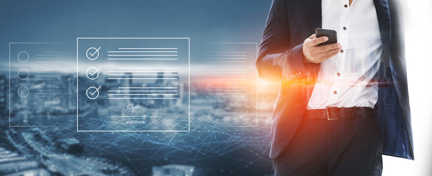 A professional businessman stands in an urban environment, engaged with a smartphone while a digital interface and checklist overlay symbolize business success and productivity. Cyphers