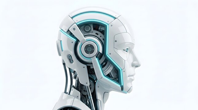 A detailed profile view of a futuristic android head featuring intricate white mechanical panels.