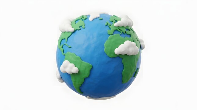 A handcrafted clay model of planet Earth featuring green continents and white clouds on a white.