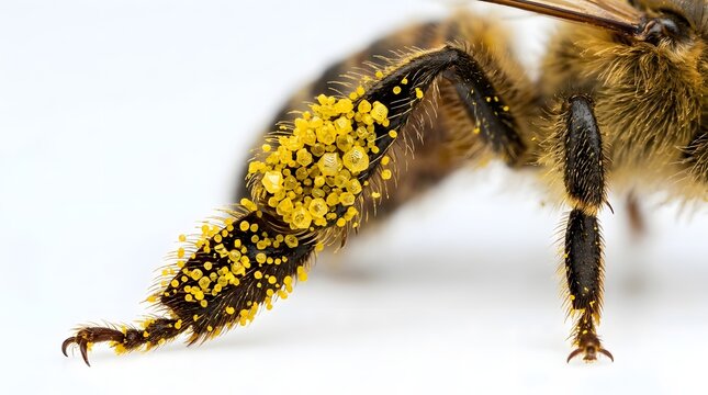 A high-magnification macro view of a honey bee leg covered in bright yellow pollen grains and hair.