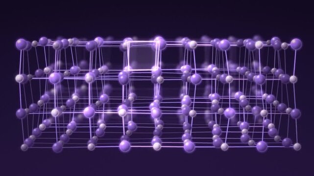 Rotating 3D atomic crystal lattice with vibrating atoms and molecular bonds, science visualization seamless loop in subtle amethyst tones