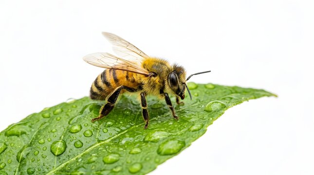A macro view of a honey bee standing on a vibrant green leaf covered in sparkling morning dew drops.