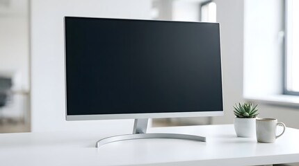 Fototapeta premium A sleek modern computer monitor sits on a clean white desk with a small succulent and coffee mug.