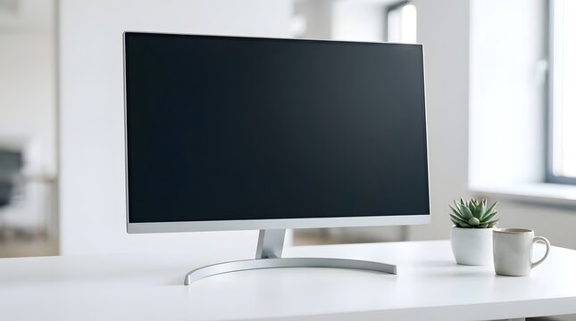 A sleek modern computer monitor sits on a clean white desk with a small succulent and coffee mug.