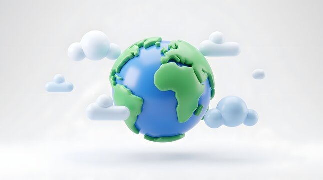 A stylized 3D globe of the earth surrounded by soft floating clouds on a neutral white background.