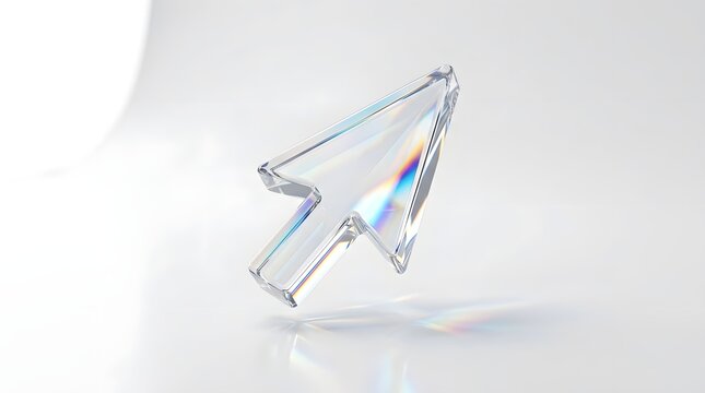 A translucent 3D cursor arrow model floating against a clean and bright white studio background.