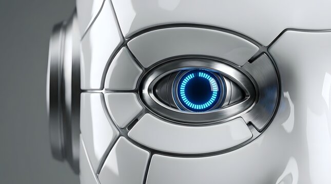 A close-up view of a futuristic robot eye with a glowing blue iris and metallic segmented plating.