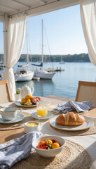 Fototapeta premium Minimalist breakfast setting on marina terrace with sailboats in background 