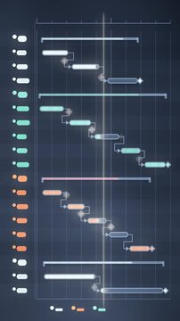Animated Gantt Chart Project Timeline With Filling Progress Bars and Dependency Arrows, Seamless Loop in cool steel tones vertical 9:16