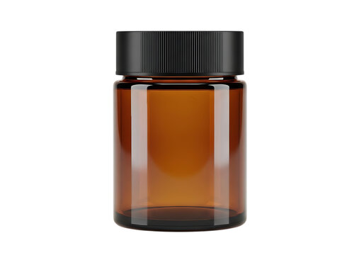 Amber glass medicine bottle with black cap, pharmaceutical packaging mockup for health supplements, vitamins, or skincare liquid product branding isolated on a transparent background