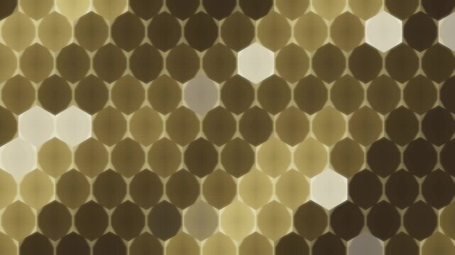 Glowing hexagonal tech grid pulsing honeycomb energy cells seamless loop in soft gold tones
