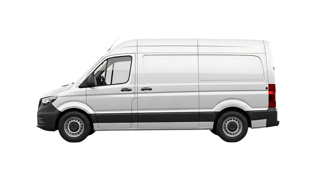 Side view of a modern white delivery cargo van for logistics and transportation services, clean vehicle for business branding isolated on a transparent background