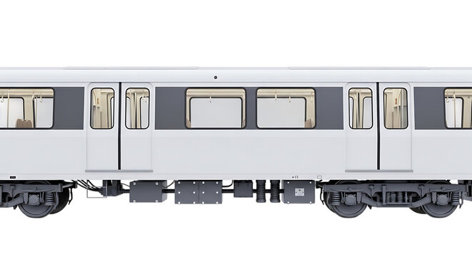 Side view of a modern white and grey subway train carriage, public transportation vehicle, minimalist studio isolated on a transparent background