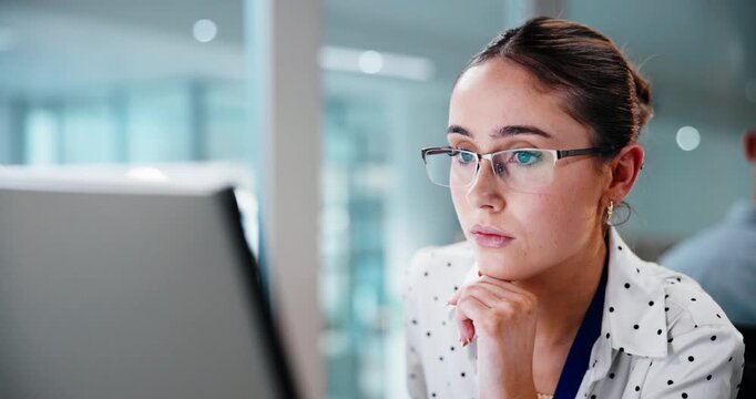 Business, woman and glasses in office with computer, research and finance report for bookkeeping. Employee, coworking and eyewear in workplace with tech, financial audit and data entry for investment