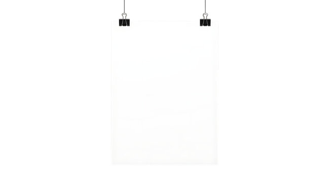 Blank vertical white paper poster mockup hanging with black metal binder clips for gallery or advertising display on clean studio background isolated on a transparent background