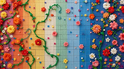 Fototapeta premium Vibrant Lego Flowers and Whimsical Vines on a Rainbow Grid of Building Blocks