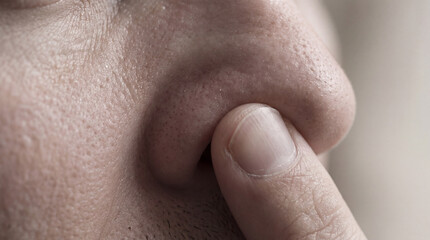 Fototapeta premium A high-detail close-up shot of a person’s finger gently touching or pressing against their nose, highlighting skin texture and pores.