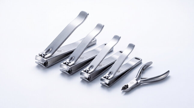 A high-angle studio shot of a collection of various stainless steel nail clippers and cuticle nippers arranged on a clean, bright white background.