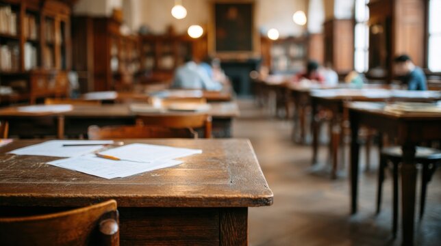 Detailed medium shot of final exam arrangement highlighting focused exam papers on desks proctors in background softly blurred illustrating test concentration