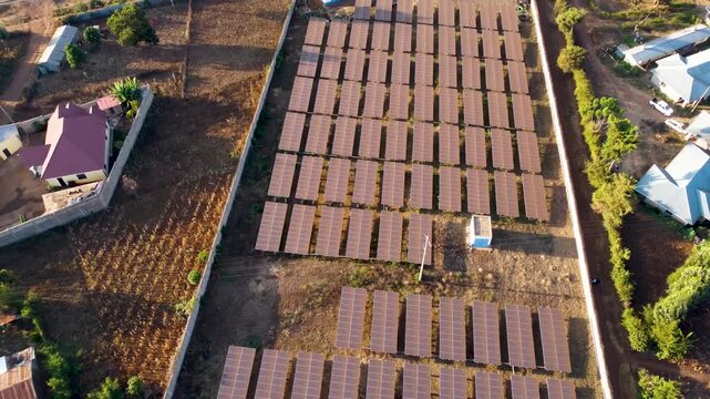 Aerial view of solar panels installed at the Tana Athi Water Service Loitokitok Office in Loolopon, Kajiado County, Kenya.