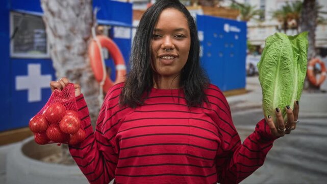 Young woman holds tomatoes in a red mesh bag and a romaine lettuce, smiling with outstretched hands on a street by lifebuoy station; healthy living joy.