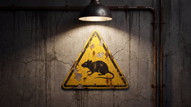 A yellow triangle warning sign featuring a black rat silhouette mounted on a stained, cracked concrete wall illuminated by a metal industrial lamp.