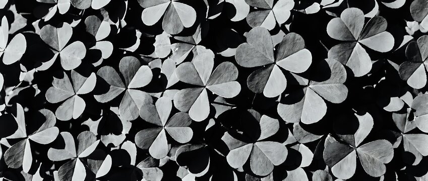 Monochrome clover leaf pattern with four-leaf clovers in varying shades of gray and black, seamlessly tiling into a single continuous background.