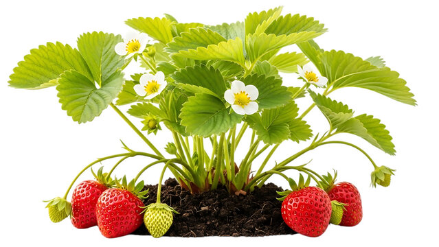 Strawberry plant with ripe red strawberries, green leaves, and white blossoms growing in dark soil, isolated on a white background, for gardening isolated on a transparent background