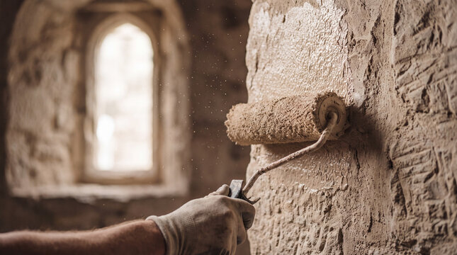 A construction worker wearing gloves uses a paint roller to apply primer or sealant to a textured, rustic stone wall in an old building interior.