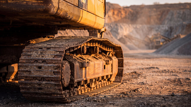 Close-up detail of heavy-duty excavator metal tracks parked in an open-pit stone quarry at golden hour, highlighting industrial mining machinery.