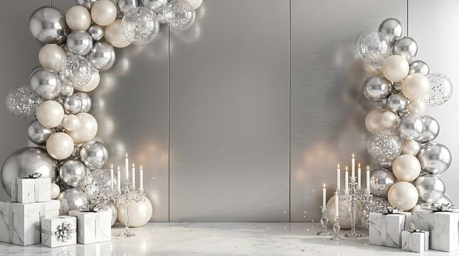Elegant silver balloon arch decoration for a festive happy birthday celebration party background with gift boxes