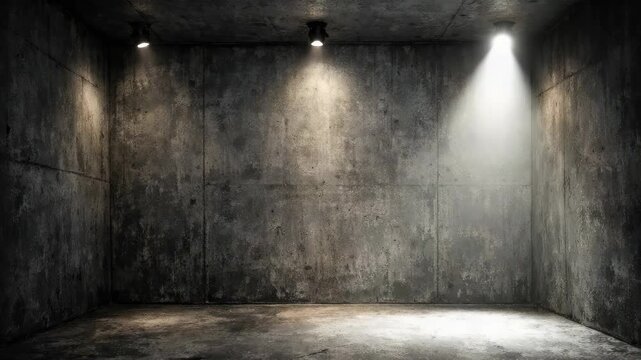 An empty industrial room with dirty walls and floors, illuminated by overhead lights.