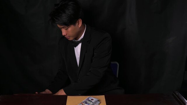 Smirking mobster in a tuxedo sits in a dark room revealing a handgun and cash on a desk. Concept of organized crime, extortion, mafia bosses, and dangerous black market deals.

