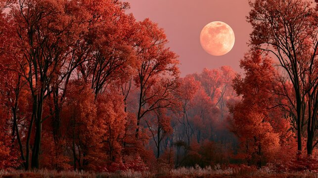 Trees in an autumn scene with a moon appear.