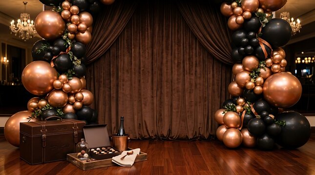 Elegant happy birthday party backdrop with black and rose gold balloons on a dark wooden stage