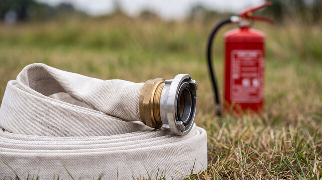 A rolled-up white industrial fire hose with a metal coupling placed on the grass next to a red fire extinguisher, prepared for safety and emergency response.