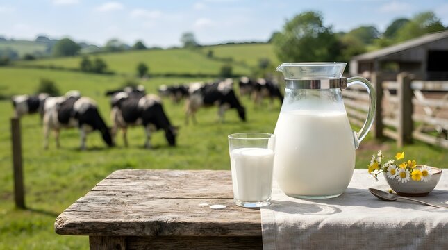 Fresh milk in a glass and jug on a wooden table with cows grazing in a blurred farm background countryside agriculture breakfast