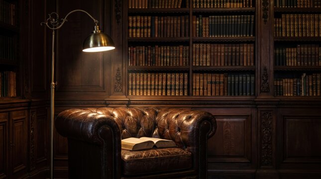 Vintage Library with Chesterfield Armchair, Open Book, and Warm Light