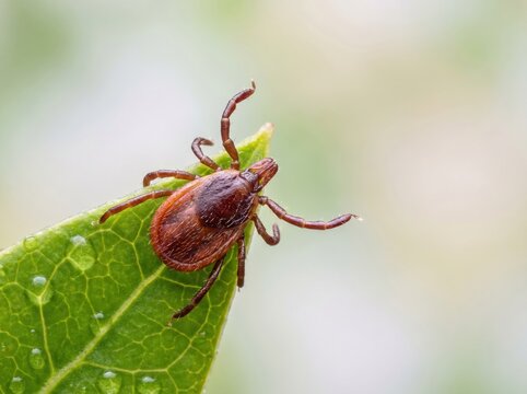 Close-up of a brown tick on a green leaf with water droplets